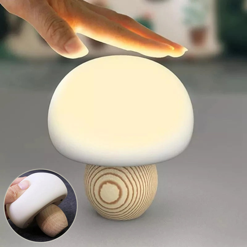 Mushroom Silicone LED Night Lamp with Wooden Base