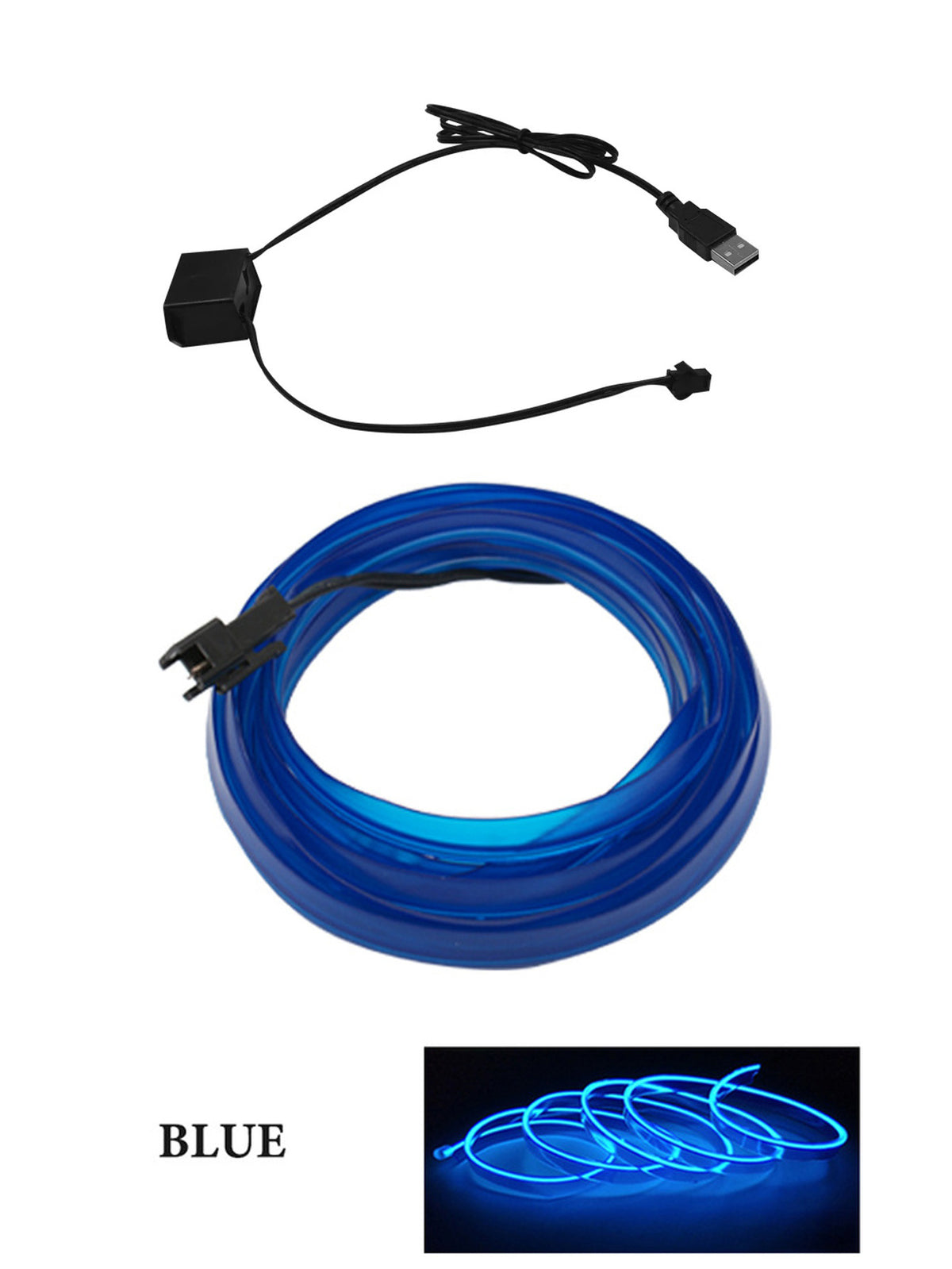 Car Interior LED Ambient Lights — USB Flexible Neon Strip, 2M, Blue