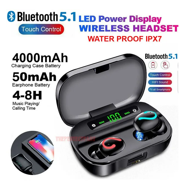 Bluetooth 5.1 Headset TWS Wireless Earphones Mini Earbuds Stereo Headphones IPX7, Black