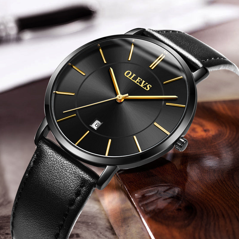 Fashion Casual Watch Men Luxury Brand Mens Watches Leather Sport Waterproof Auto Date Quartz Wristwatch, Black