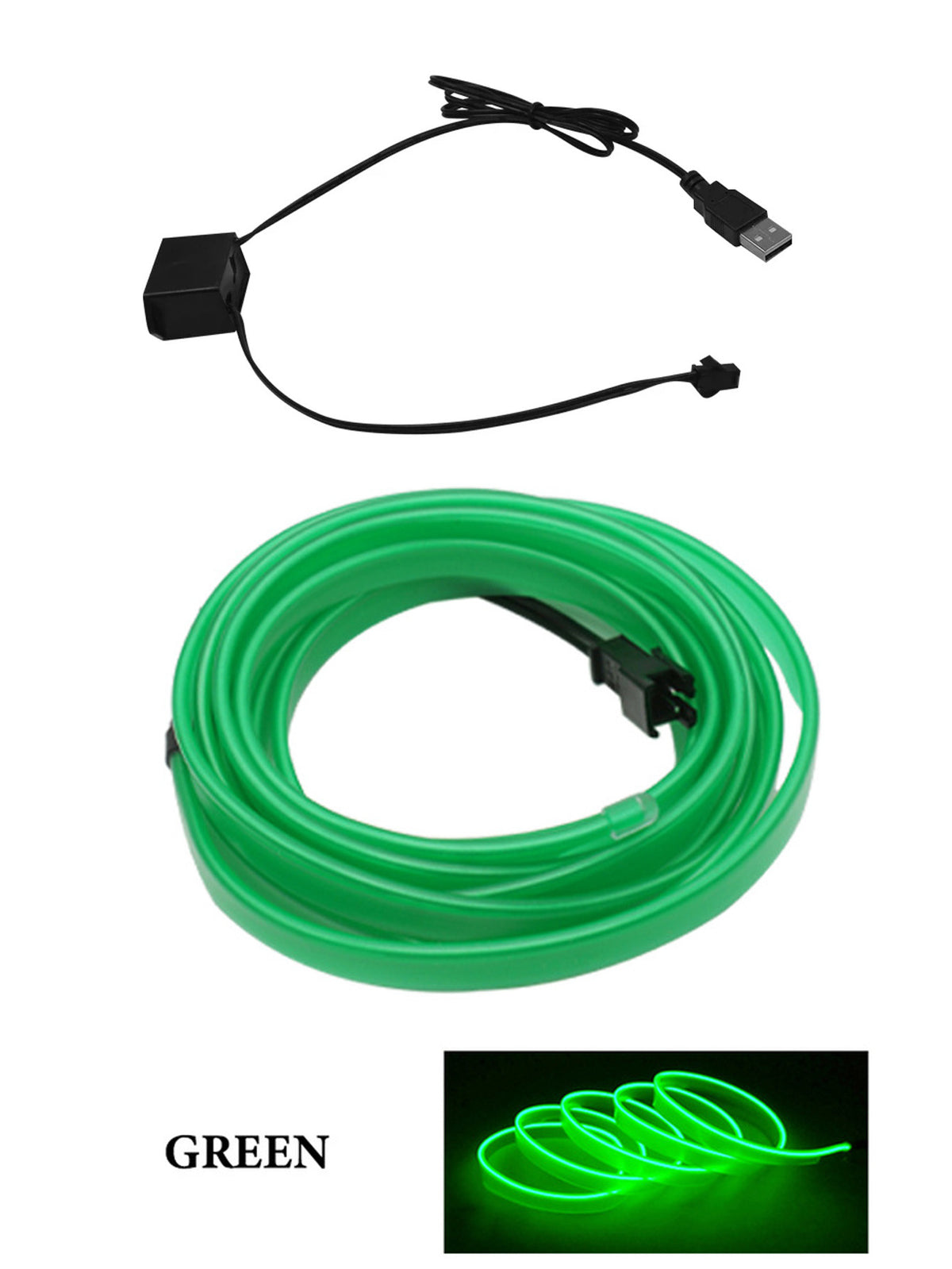 Car Interior LED Ambient Lights — USB Flexible Neon Strip, 2M, Green