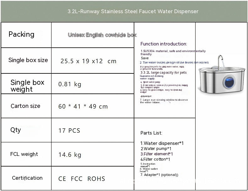 Water Feeder Stainless Steel Pet Water Dispenser