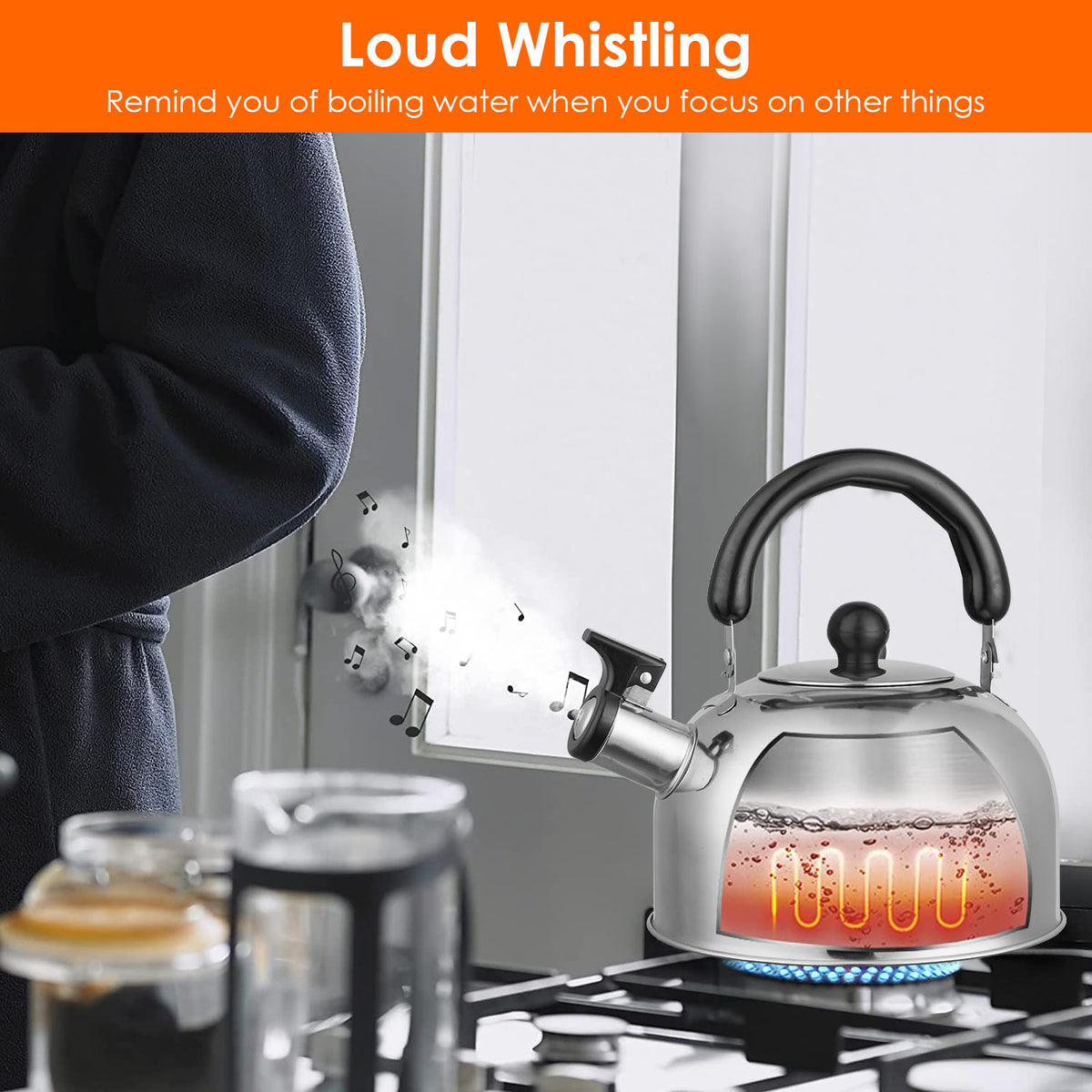 Multi-Use Whistling Tea Kettle 2 Liter, Anti-Corrosion Stainless Steel Water Kettle With Sealed Lid, Heat Resistant Handle For Home Office Camping
