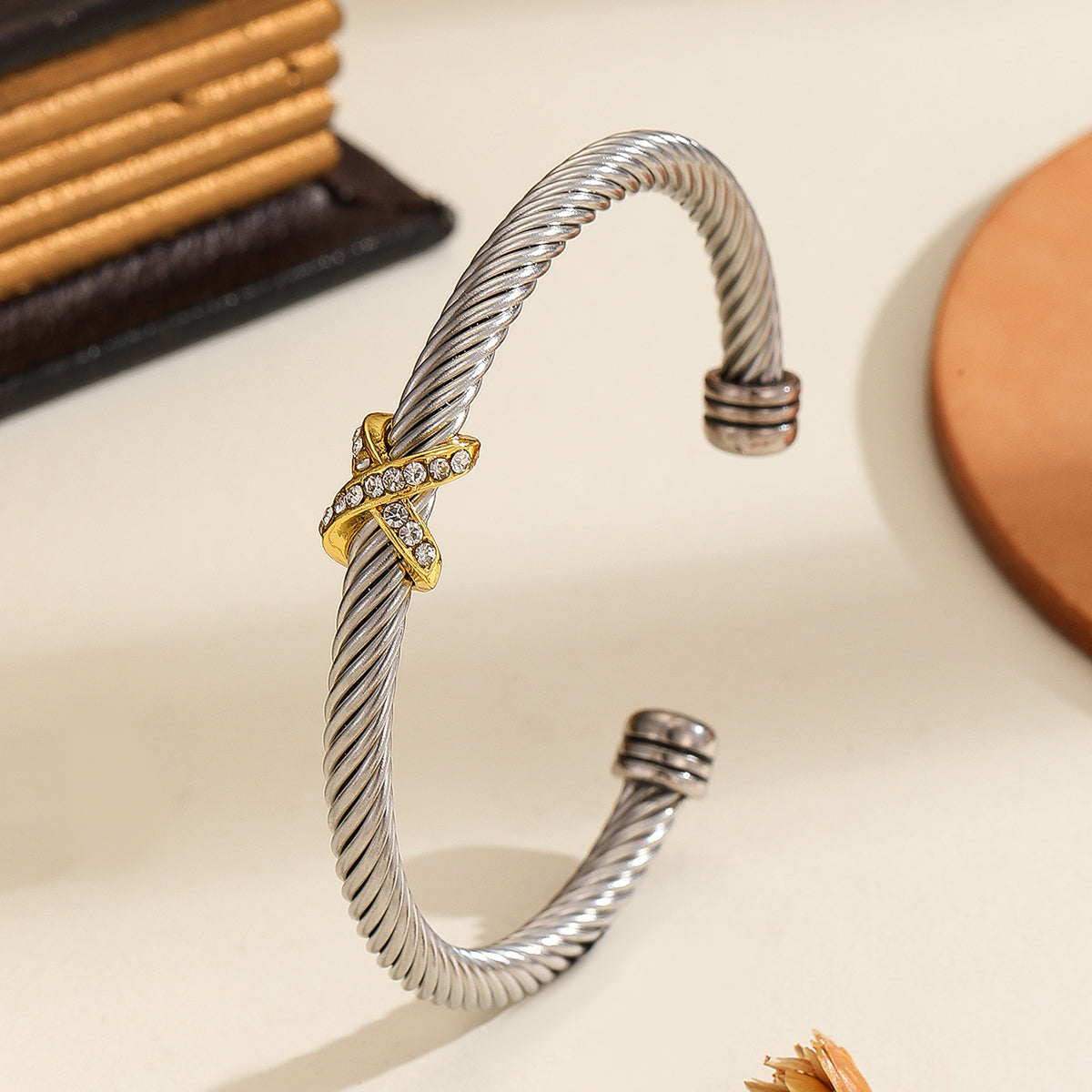 1PCS Fashionable Personalized 8-character Cross Steel Wire Bracelet,Open Bracelet, Simple Versatile Trendy Diamond Bracelet, Suitable For Men And Women To Wear, Holiday Jewelry Gift, Style2