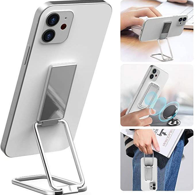Foldable Mobile Phone Holder Ring Buckle Retractable Desktop CellPhone Stand Car Magnetic Bracket Office Accessories, A Silver-Bagged
