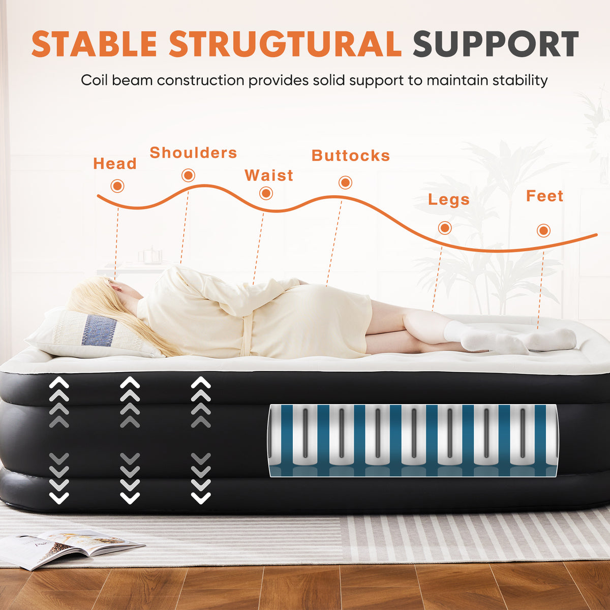 Air Mattress -16in- 18in  Inflatable Blow Up Mattress Airbed With Built-in High Capacity Pump, Double Height, Adjustable, Non-Slip Bottom Design