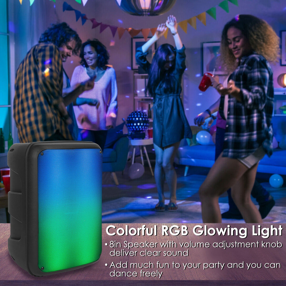 1Pc Portable Wireless Party Speaker 8in Colorful Lights DJ PA System With TWS Function FM Radio USB MMC Card Reading Aux In Recording Function Mic