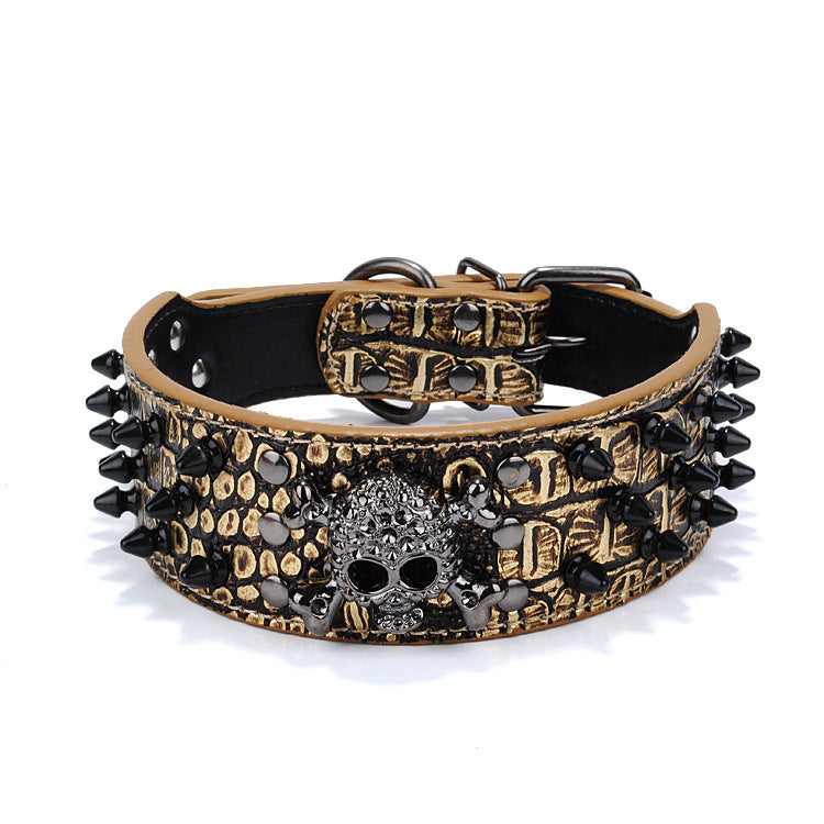 Skull Studded Dog Collar, Brown-S