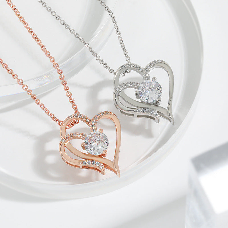 Zircon Double Love Heart Necklace — Rhinestone Clavicle Chain Jewelry for Women