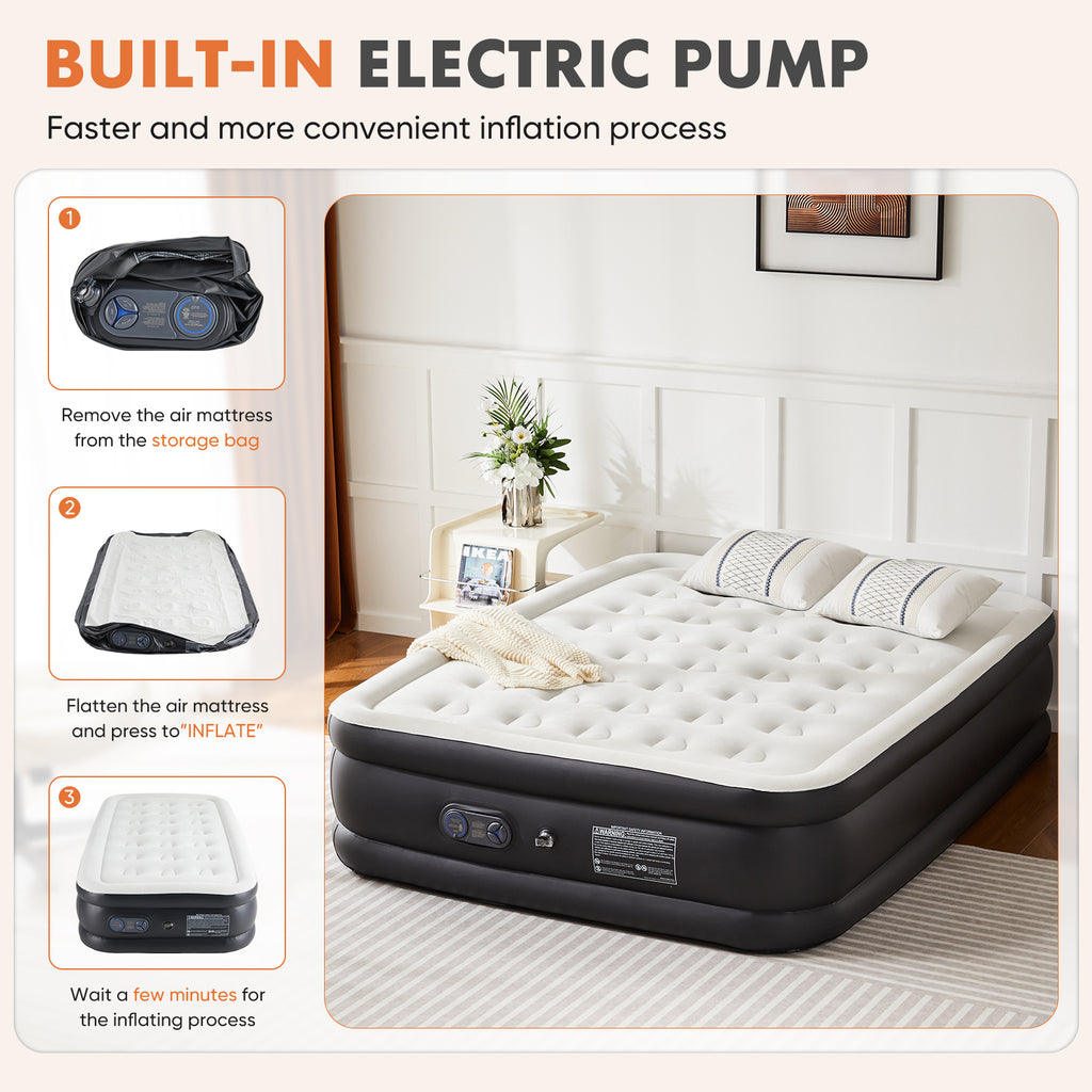 Air Mattress -16in- 18in  Inflatable Blow Up Mattress Airbed With Built-in High Capacity Pump, Double Height, Adjustable, Non-Slip Bottom Design