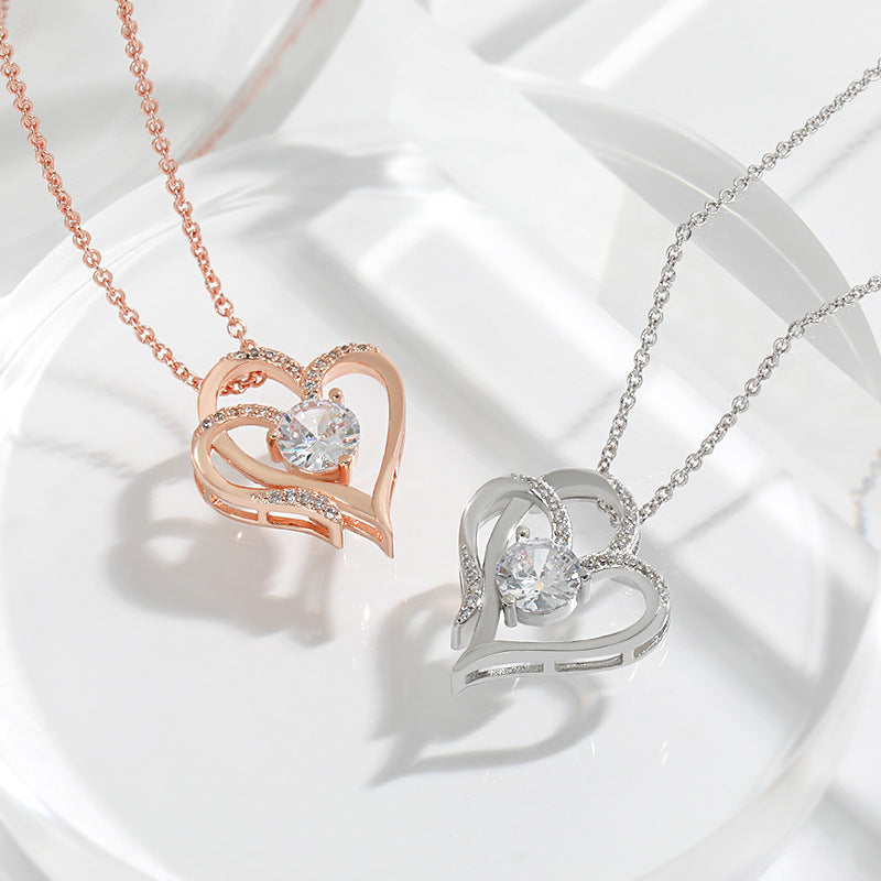 Zircon Double Love Heart Necklace — Rhinestone Clavicle Chain Jewelry for Women