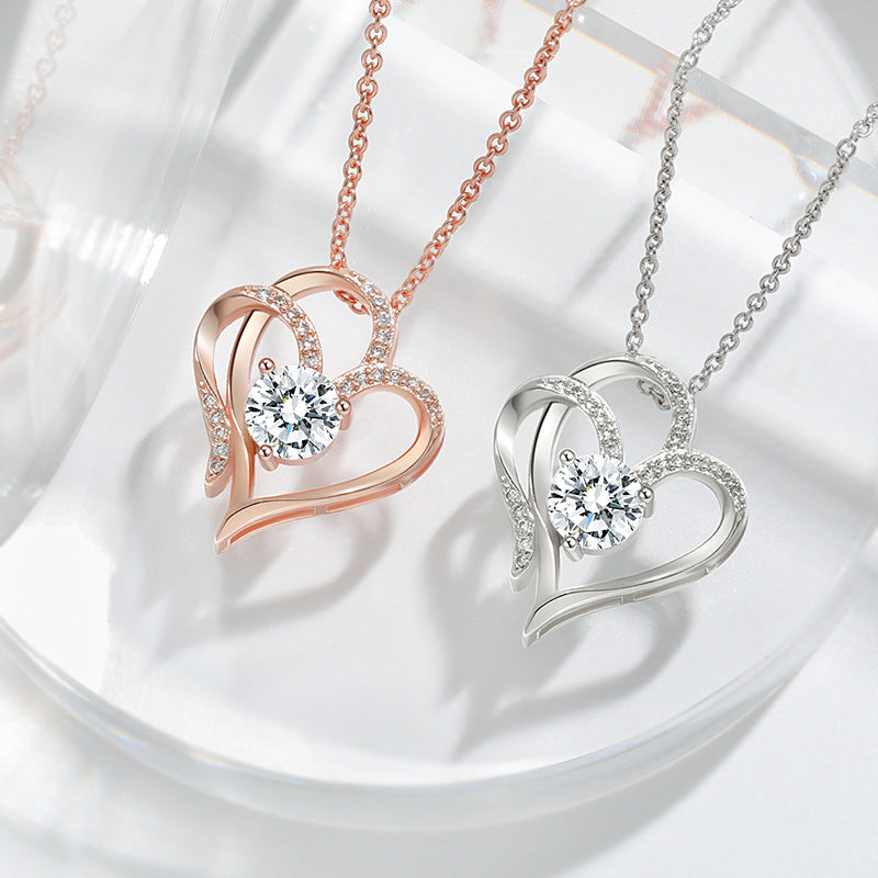 Zircon Double Love Heart Necklace — Rhinestone Clavicle Chain Jewelry for Women