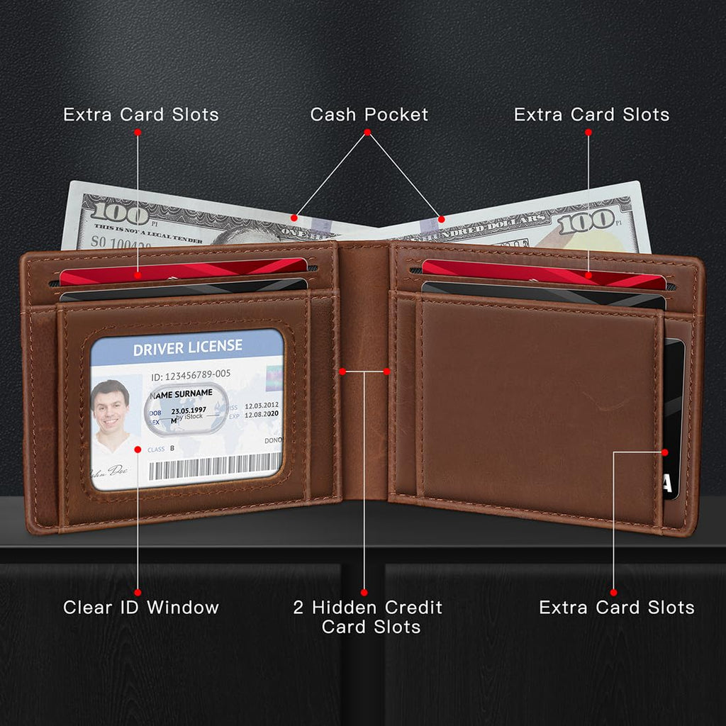 Real Leather Wallet For Men,Slim Bifold Wallet Minimalist Front Pocket Design, RFID Mens Wallet With Money Pocket,ID Window, Hold Up To 11 Cards, Brown, Minimalist