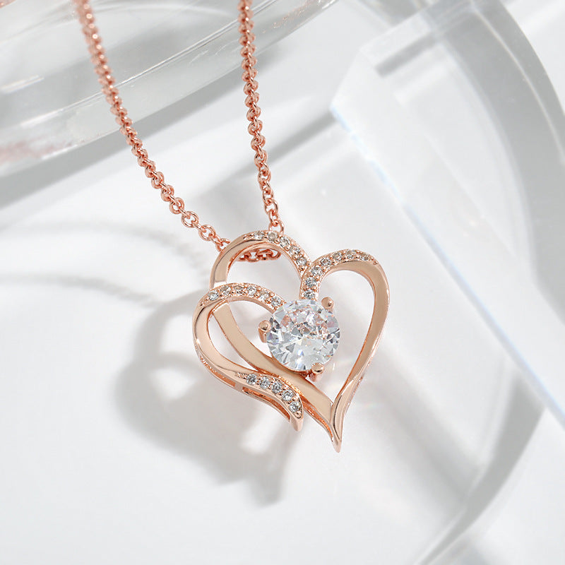 Zircon Double Love Heart Necklace — Rhinestone Clavicle Chain Jewelry for Women, Rose Gold Necklace