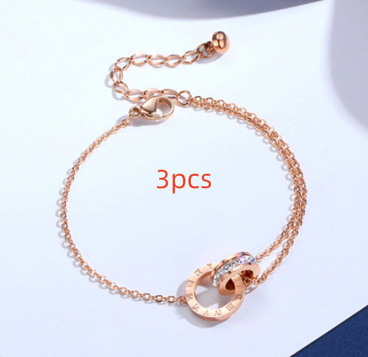 Diamond inlaid zircon titanium steel bracelet, Rose Gold 3pcs