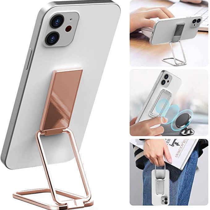 Foldable Mobile Phone Holder Ring Buckle Retractable Desktop CellPhone Stand Car Magnetic Bracket Office Accessories, A Rose Gold-Bagged