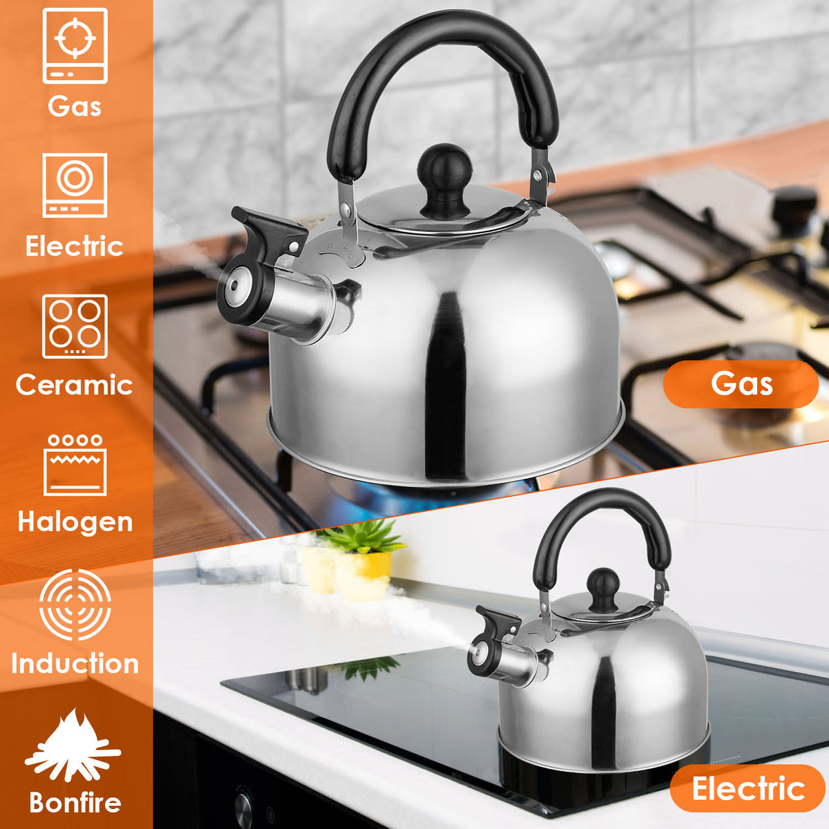Multi-Use Whistling Tea Kettle 2 Liter, Anti-Corrosion Stainless Steel Water Kettle With Sealed Lid, Heat Resistant Handle For Home Office Camping