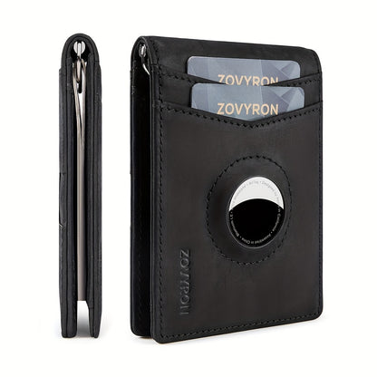 Mens Wallet Genuine Leather Slim Bifold Wallet With Airtag Holder, RFID Blocking, Front Pocket Wallet With Money Clip,ID Window Credit Card Holder
