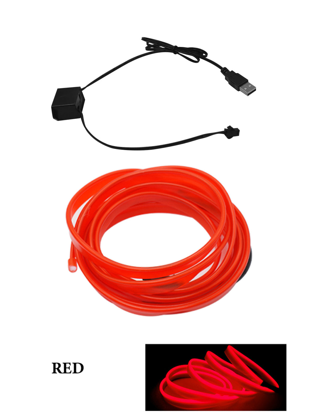 Car Interior LED Ambient Lights — USB Flexible Neon Strip, 3M, Red