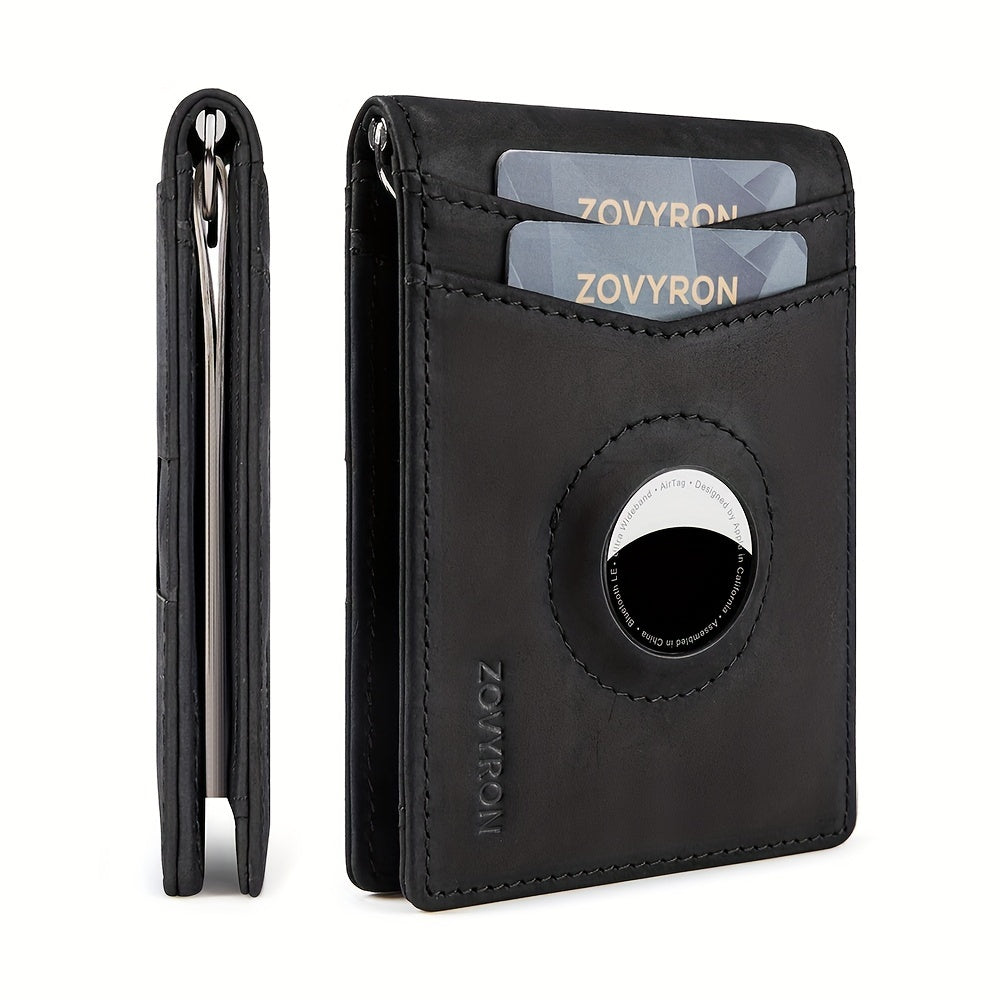 Mens Wallet Genuine Leather Slim Bifold Wallet With Airtag Holder, RFID Blocking, Front Pocket Wallet With Money Clip,ID Window Credit Card Holder