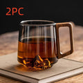 Guanshan Glass Single-layer Side Wooden Handle Drinking Cups Household Large-capacity Milk Tea Juice Single-layer Cup Kitchen Gadgets, 400to430mI, 2PCS