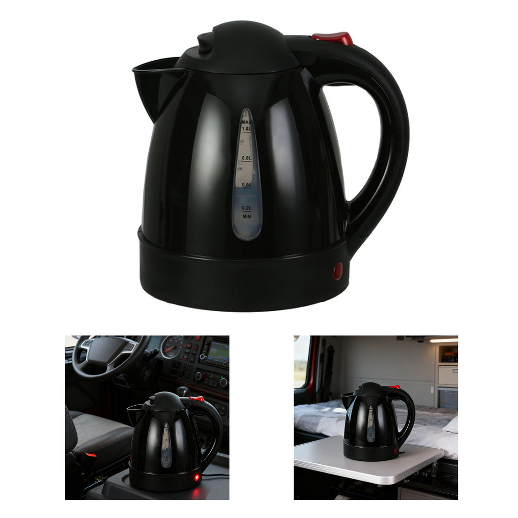 250W Portable Car Electric Kettle 1000ml Heated Water Tea Coffee Kettle Auto Shut Off For Road Trip Truck Black