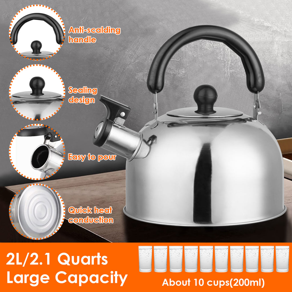 Multi-Use Whistling Tea Kettle 2 Liter, Anti-Corrosion Stainless Steel Water Kettle With Sealed Lid, Heat Resistant Handle For Home Office Camping