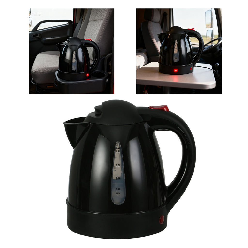 250W Portable Car Electric Kettle 1000ml Heated Water Tea Coffee Kettle Auto Shut Off For Road Trip Truck Black