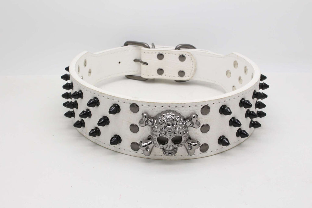 Skull Studded Dog Collar, White-M