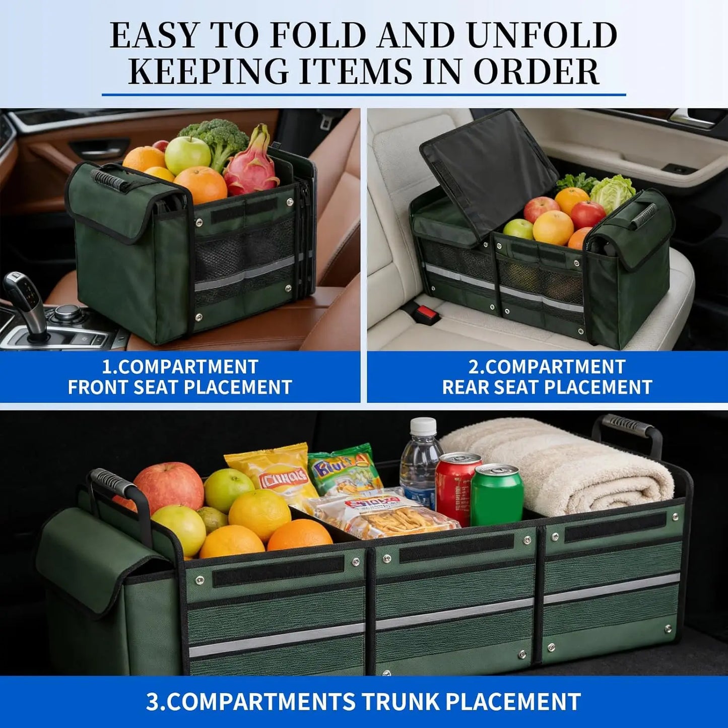 Collapsible Car Trunk Organizer with Insulated Cooler Bag & Tie-Down Straps — Multi-Compartment SUV Storage