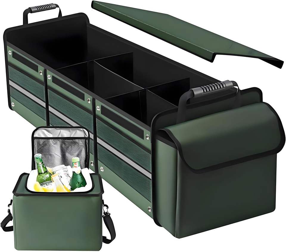 Collapsible Car Trunk Organizer with Insulated Cooler Bag & Tie-Down Straps — Multi-Compartment SUV Storage