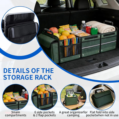Collapsible Car Trunk Organizer with Insulated Cooler Bag & Tie-Down Straps — Multi-Compartment SUV Storage
