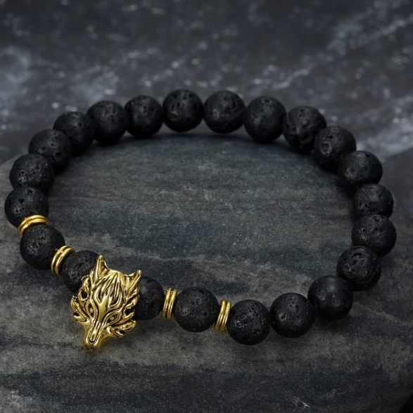 Asgard Crafted Grey Wolf Head And Lava Stone Bracelet, Gold