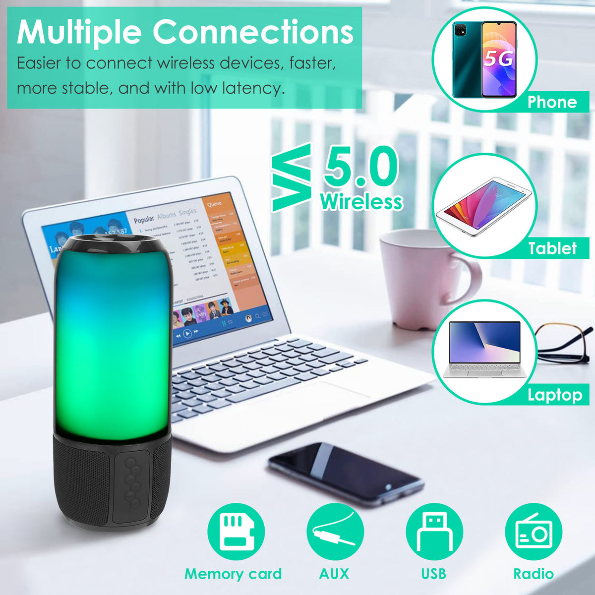 1Pc Wireless Portable Speaker Loud Stereo Speaker With 6 Color Changing Lights Radio Party TWS Speaker For Home Outdoor Travelling