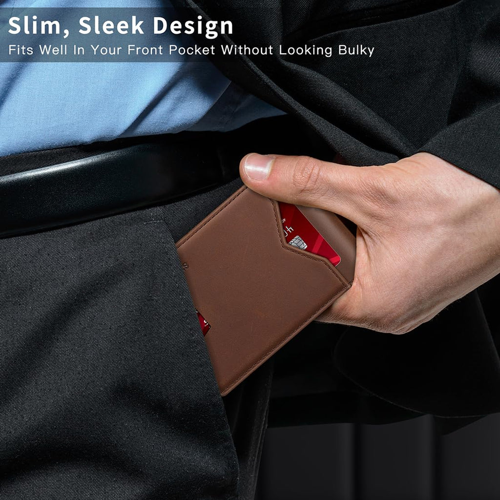 Real Leather Wallet For Men,Slim Bifold Wallet Minimalist Front Pocket Design, RFID Mens Wallet With Money Pocket,ID Window, Hold Up To 11 Cards, Brown, Minimalist