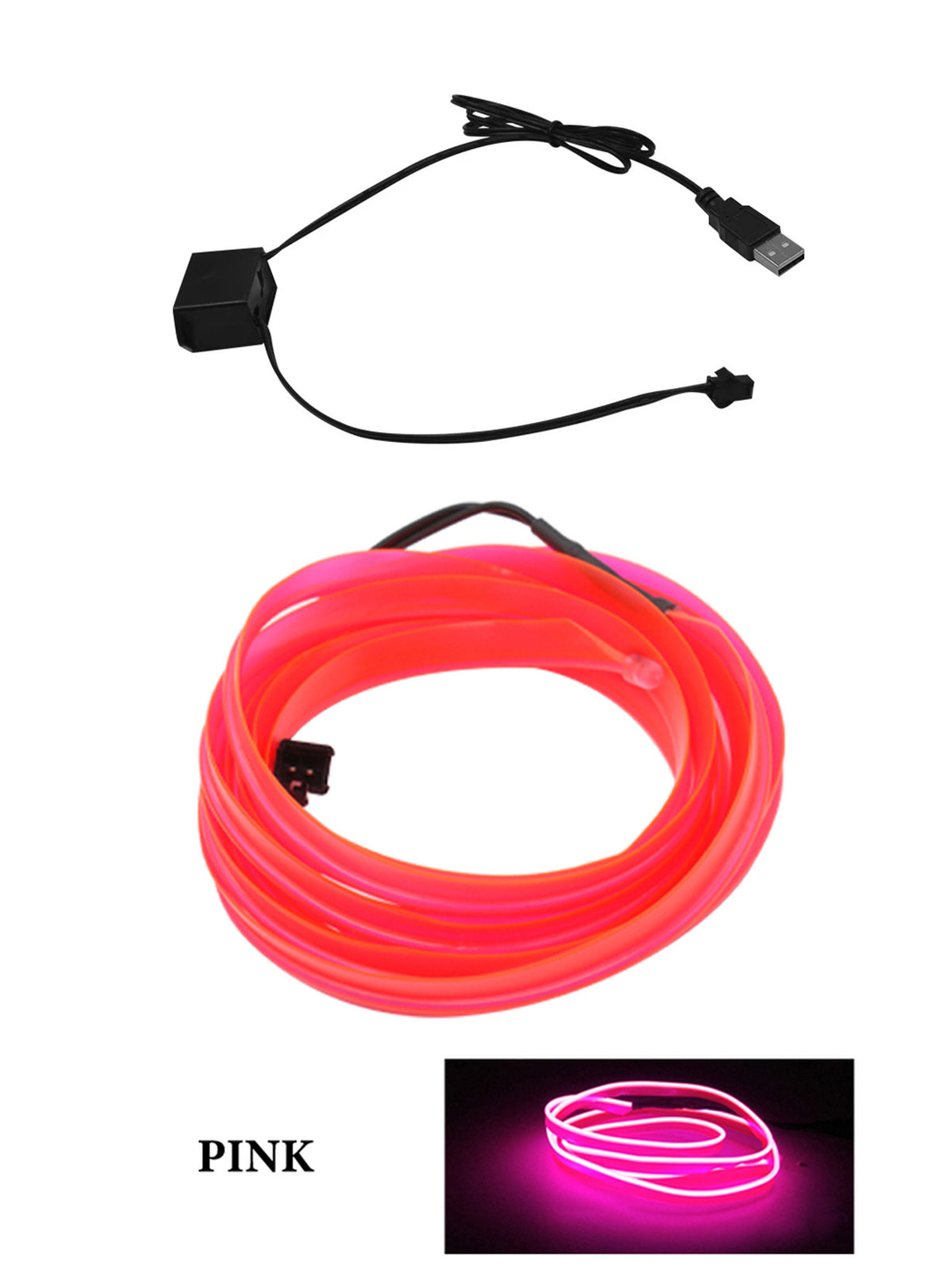 Car Interior LED Ambient Lights — USB Flexible Neon Strip, 5M, Pink
