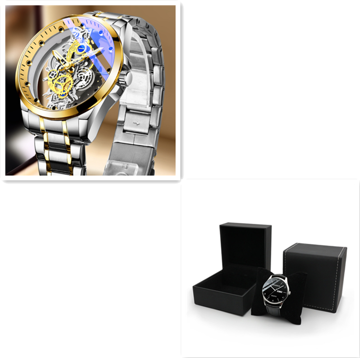 Men Watch Skeleton Automatic Quartz Watch Gold Skeleton Vintage Man Watch Mens Watches Top Brand Luxury, Intermetallic with box