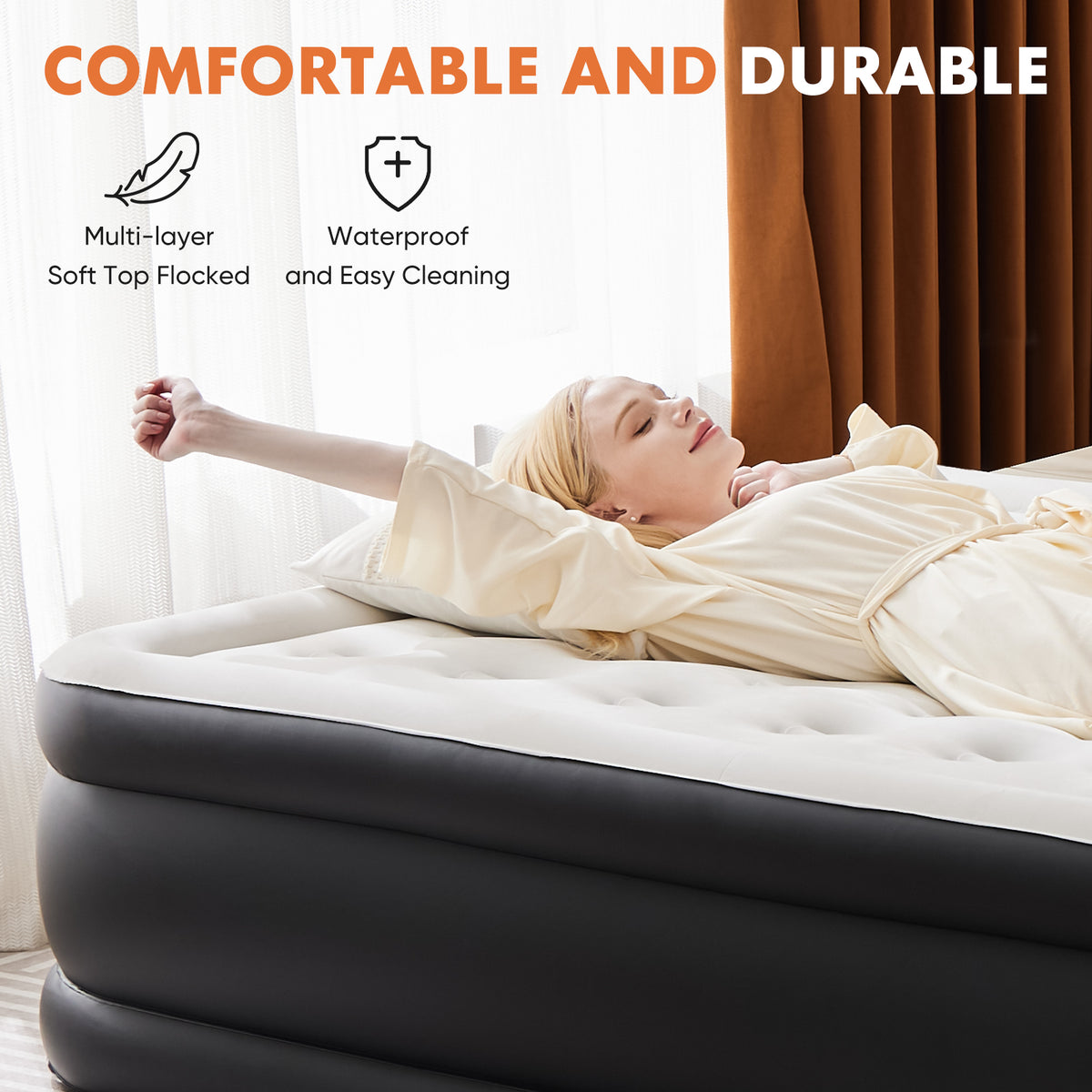 Air Mattress -16in- 18in  Inflatable Blow Up Mattress Airbed With Built-in High Capacity Pump, Double Height, Adjustable, Non-Slip Bottom Design
