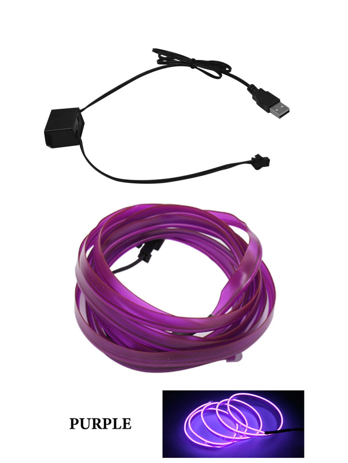 Car Interior LED Ambient Lights — USB Flexible Neon Strip, 2M, Purple