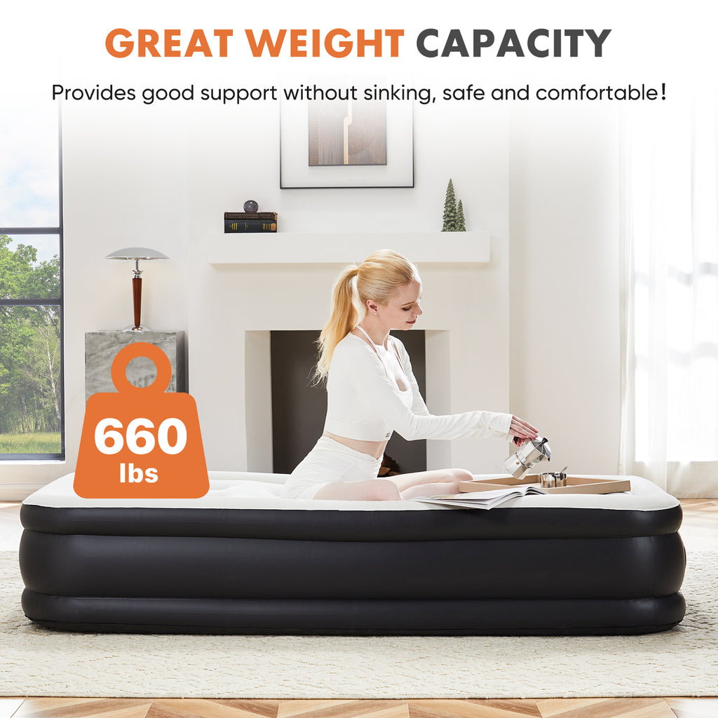 Air Mattress -16in- 18in  Inflatable Blow Up Mattress Airbed With Built-in High Capacity Pump, Double Height, Adjustable, Non-Slip Bottom Design