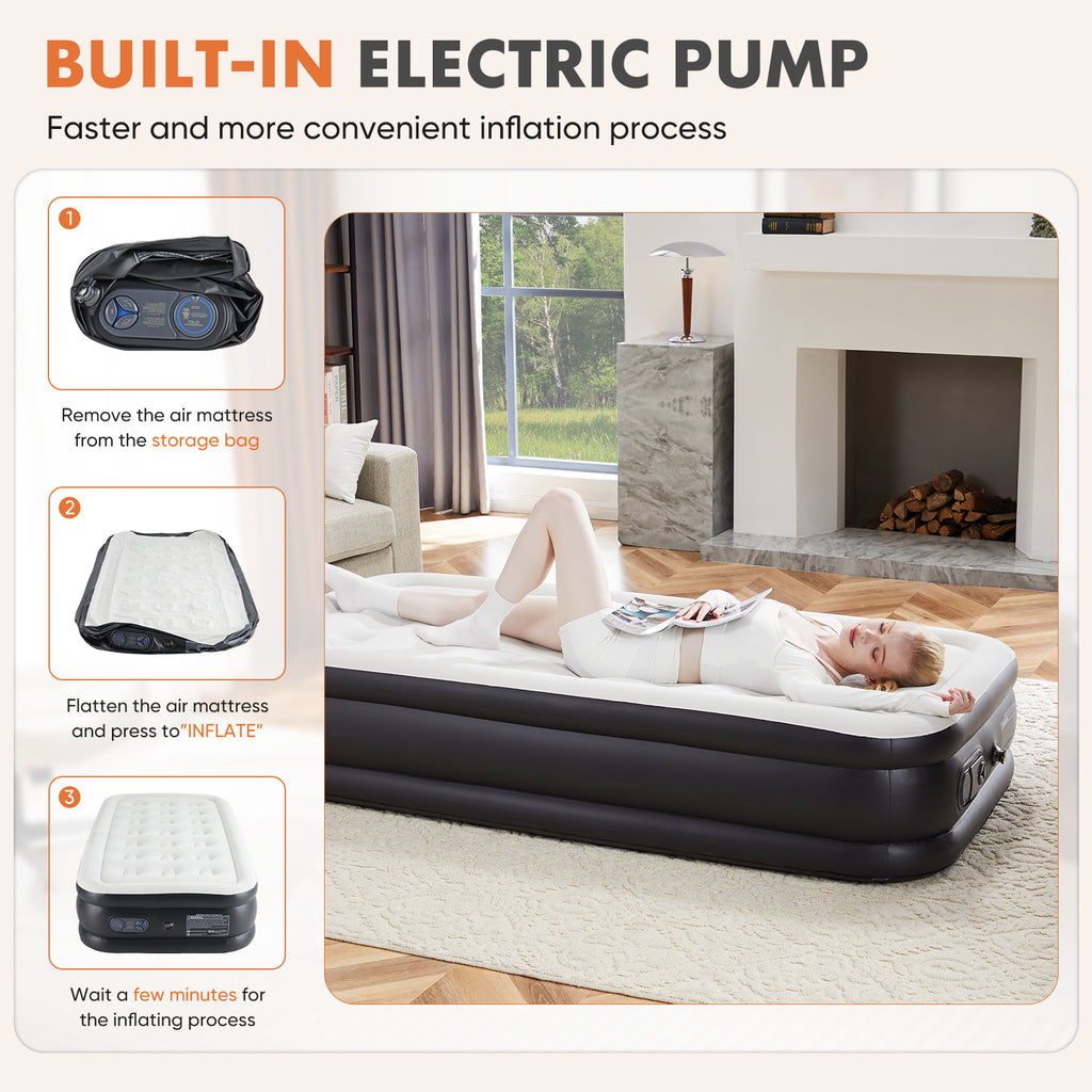 Air Mattress -16in- 18in  Inflatable Blow Up Mattress Airbed With Built-in High Capacity Pump, Double Height, Adjustable, Non-Slip Bottom Design